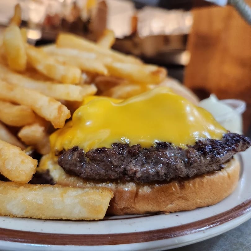 A cheeseburger with melted yellow cheese and a side of golden french fries on a white plate.